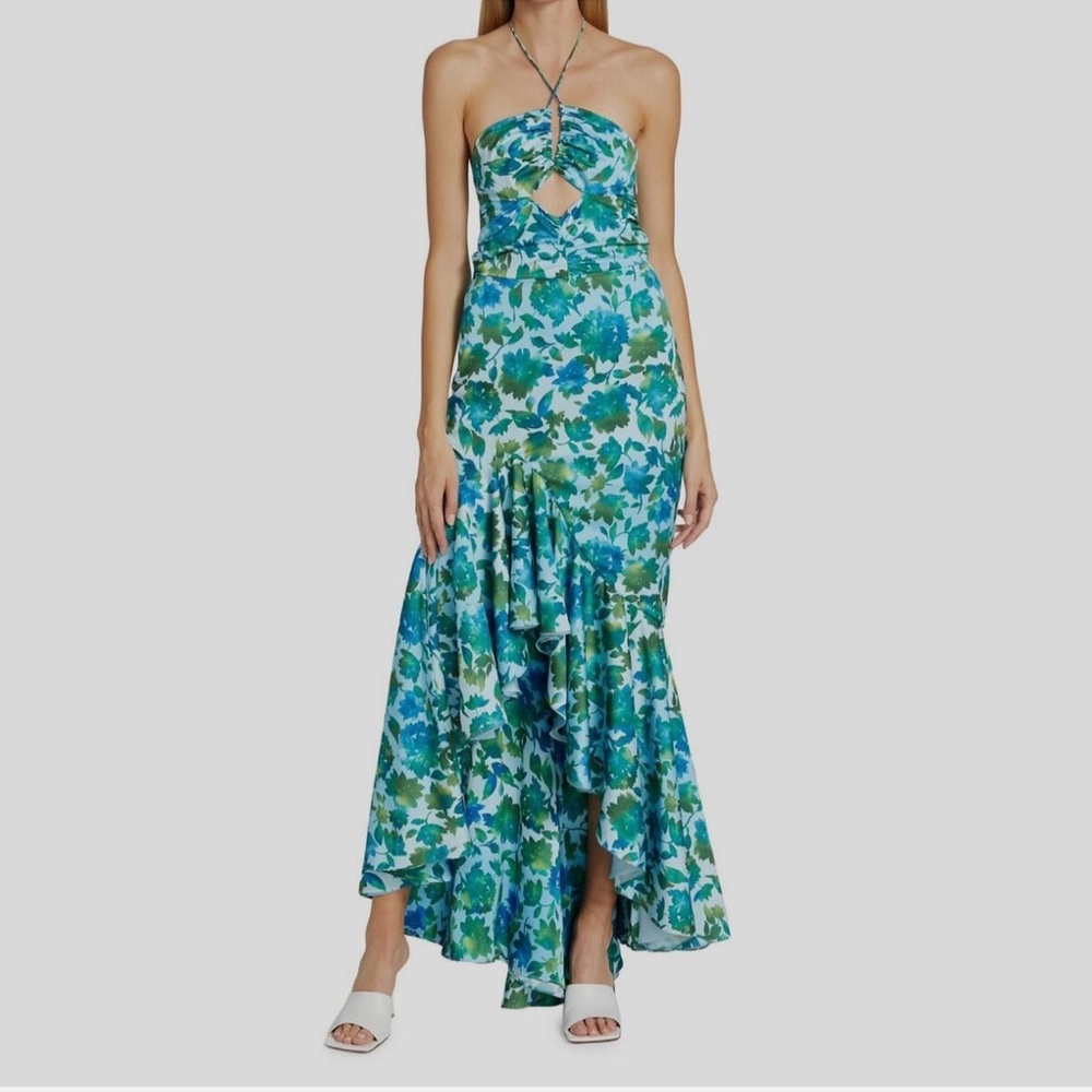 Amur Women's Blue Floral Asymmetrical Ruffled Cutout Halter Dress